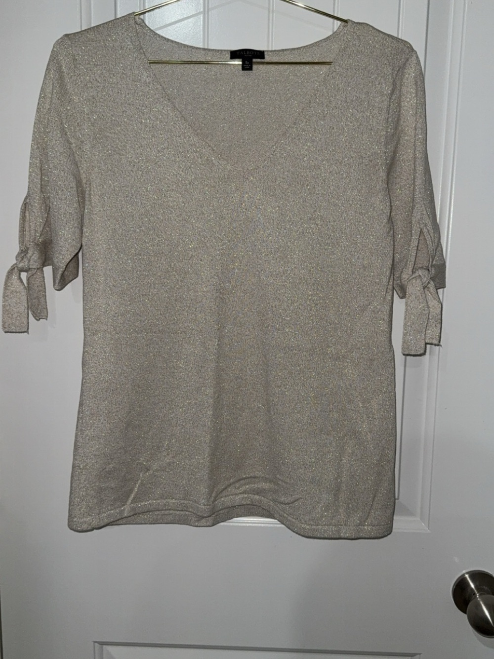 Talbots Cream Metallic V-Neck Tie-Sleeve Top